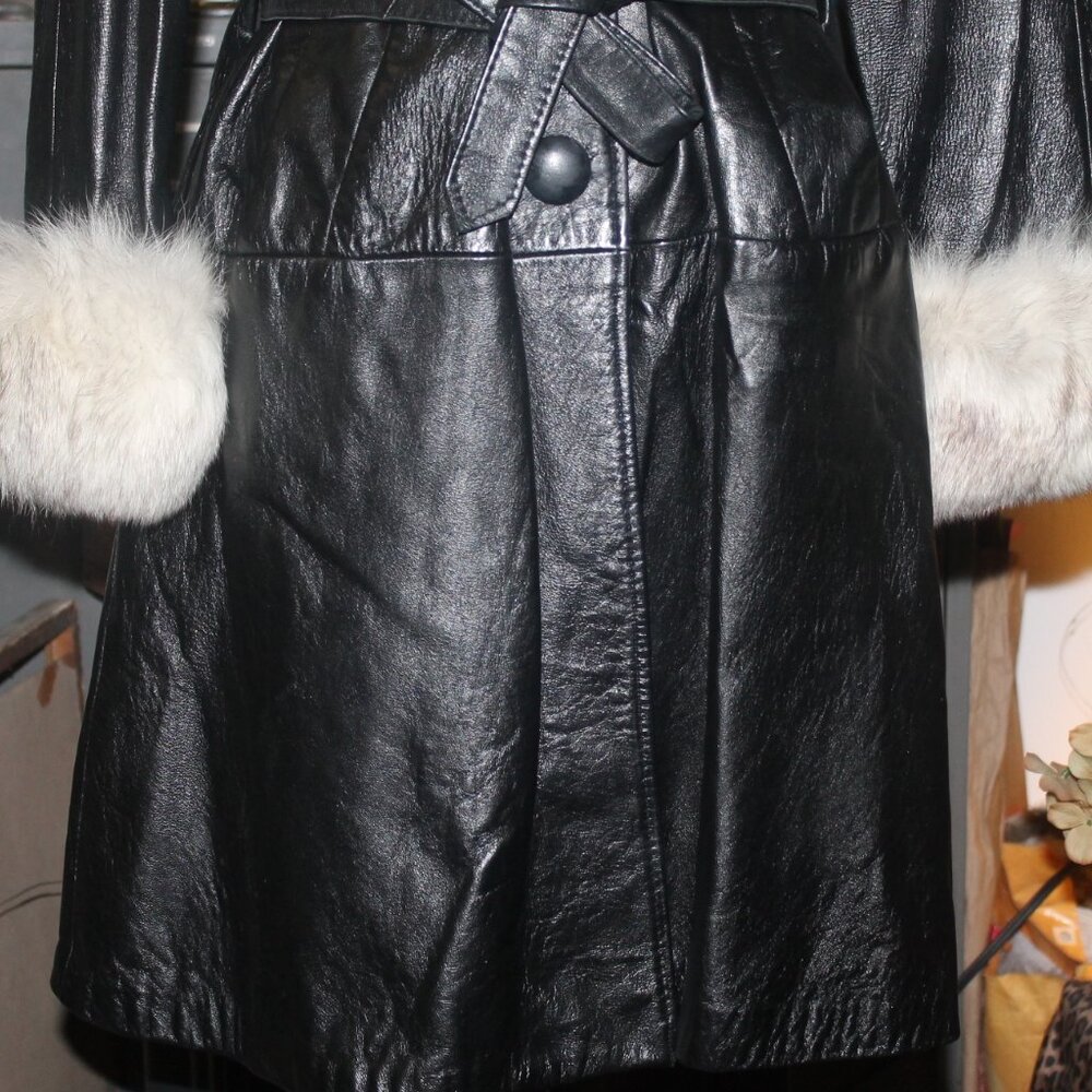Rare Vintage 70's The Vogue Belted Black Leather & Fox Fur Jacket Coat Trench M - Picture 4 of 10
